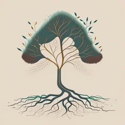 Illustrate a stylized tree with roots extending into the ground, each root representing one of the core values—creativity, authenticity, inspiration, and inclusivity. Keep the design minimalistic, using clean lines and subtle colors to convey the message effectively.