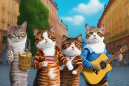 Group of three mature cats musicians, one cat playing guitar, one cat playing drums, one cat holding microphone and singing, street, Vienna, smiling, sunny day, model style, hyper realistic, extremely accurate, delicate, extremely detailed, Graphic novel style, wide-angle, open aperture, superfine pencil