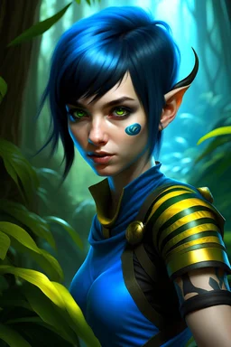 Female charactor , Elf , detailed , blue skin with dark blue tiger stripes , yellow eyes , short black hair , rage expression , jungle background