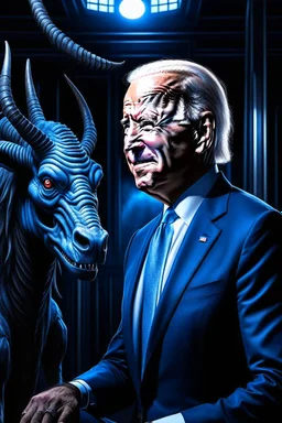 biden as a goat in the style of giger, spraypaint, photorealism, trending on artstation, 8k, depth of field, downlight, lightrays, volumetric, white hall, brown and blue