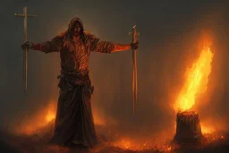 Church executioner, Fire theme art, Dark moody night atmosphere, 8K, high body details, anatomically perfect bod