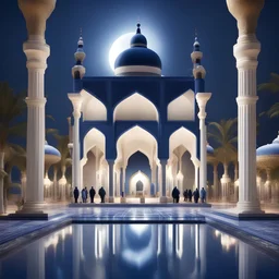 Hyper Realistic Majestically Beautiful Navy-Blue-&-White-Mosque with Muslim-men-worshiping outside-&-inside, small-water-fountains-&-Light-lamps with dramatic-lightings & cinematic-ambiance