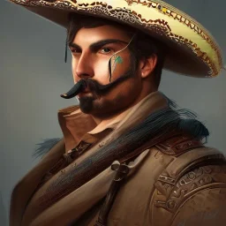 portrait,"Insanely detailed photograph of a eye patch male western mustachioed crossbowman", detailed charro and Sombrero, digital painting, cigar, artstation, concept art, sharp focus, illustration, art by artgerm and greg rutkowski and alphonse mucha, 8 k,fantasy, unreal engine