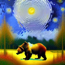 Dibujo al oleo de un oso grizzlie con su cria en el bosque con nubes de colores estilo Vincent van Gogh