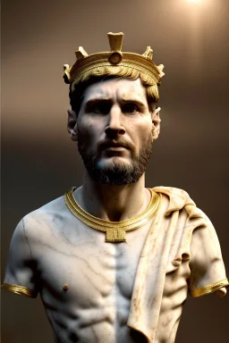 Realistic image, Roman sculpture made in white marble with gold veins, Lionel messi with gold laurel leaves crown, decorative star on the chest, waist up portrait,marble material, gold ornaments, Renaissance style, sun rays background, epic, celestial, cinematic lighting, God lights, 4k resolution, smooth details, soft lighting, unreal engine 5, art station, substance 3d.