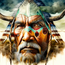 The old Cherokee man of the Great Plains, double exposure Cherokee mans face formed by a Teepee in a grass plains with Buffalo, watercolor by Jean-Baptiste Monge and Yossi Kotler, Modifiers: sharp focus extremely detailed intricate oil on canvas portrait hyperrealistic high definition crisp quality