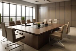 A meeting table for 12 people, in shades of brown, and square in shape