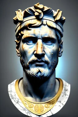 Ultra Realistic image, Roman sculpture, white marble material, Lionel Messi, gold Laurel leaves wreath, renaissance ornaments, one gold star in heart, sun ornament, blue marble background, chisel style, waist up portrait, emperor style, epic, celestial, cinematic lighting, God light, god rays, 4k resolution, smooth details, ornate details, soft lighting, unreal engine 5, art station, substance 3d.