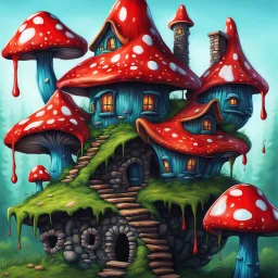 A weird mushroom house with drippy spots and eyeballs on a floating island. black blue green red Detailed gloss Painting, rich color, fantastical, intricate detail, splash screen, hyperdetailed, insane depth, concept art, 8k resolution, trendi