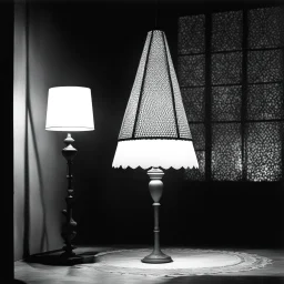 [high res photo by Russ Meyer] the bottom of the Latina woman dress is a Lampshade, light from inside, in the shadows of a dark living studio