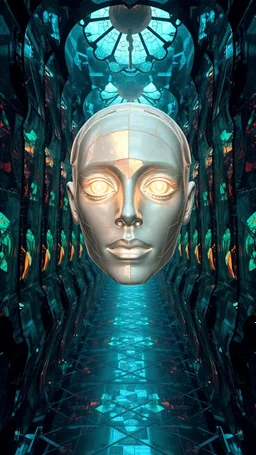 An ultra-maximalist 8K digital surrealism epic depicting window light in dark colossal suspended within an infinite labyrinth of parallel stained-glass mirrors, hollow mirrored collages, and inverted glass mosaics, each surface fractured by recursive Fibonacci geometry and glitching reflections that refract into endless dimensions. The figure’s visage—half porcelain, half cybernetic—is carved from kaleidoscopic crystal Doodle surrealism void trippy collage hybrid recusive render 3d