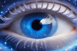 a frame in close up of the light blue eye of a beautiful cosmic fairy. in the middle of the iris there is a small bright galaxy