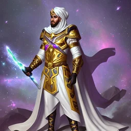 The Muslim commander in a battle dress made of galaxies and stars with a glove that has seven endless stones with a powerful army behind him