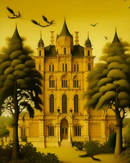 A golden yellow chateau with angels painted by Henri Rousseau