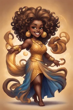 A fearless curvy dark-skinned airbrushed chibi swishes her lion tail excitedly, wearing a dress decorated with the Leo astrology symbol. With mane-like hair wild with curls, she smiles wide, showing off fangs. She stands arms and legs spread, steadfast as a lioness, demonstrating Leo courage and leadership.