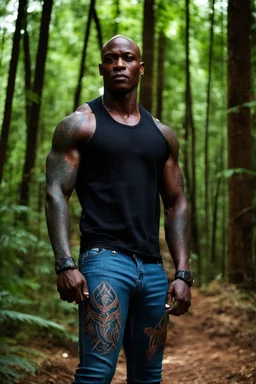 Alimi Ballard as muscular man bald with tribal tattoos wearing jeans and a teeshirt in a forest