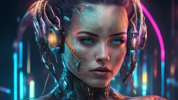 A strikingly stunning woman in the Cyberpunk era, her features rendered in high-resolution detail that can be seen in 4K quality. This portrait captures her cybernetic enhancements with intricate metallic filigree seamlessly integrated into her skin, glowing neon circuitry tracing delicate patterns along her face and arms. The digital painting is vibrant and futuristic, emphasizing the contrast between her fragile human form and advanced technological enhancements. The attention to detail and co