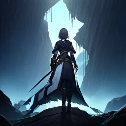 edge of a cliff, anime, fear, storm in the background,girl standing at the edge of a cliff, view from far away