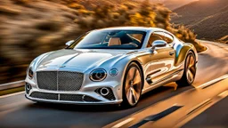 A sleek white shiny (((Bentley Jesko))), its contours and details perfectly captured in a (((cinematic view))), zipping along a winding road under a beautiful blue black night sky