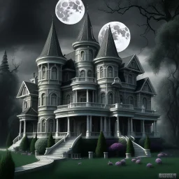 A mansion, trending on artstation, black and white, addams family, stormy weather, full blood moon, gorgeous, beautiful, magnificent, high quality