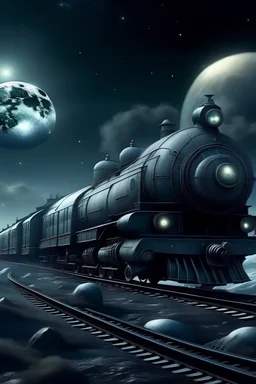 un train sur la lune et des vaisseaux spatiaux