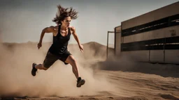 beautiful slender caucasian female technician wearing a backpack, jumping to cover, black tank top, well toned muscles, weathered face, scratched sand camo metal details, short brunette wavy bob haircut, dystopian, desert scene with smoke and explosions