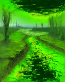 A lime green toxic wasteland painted by Claude Monet
