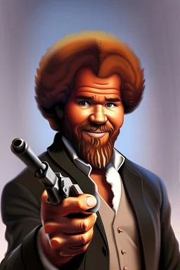 Bob Ross holding a gun