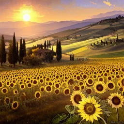 Tuscany hills, campi di girasoli, cipressi, Italian town,landscape magical, detailed, 8k resolution concept art by Greg Rutkowski dynamic lighting hyperdetailed intricately volumetric lighting Alphonse Mucha