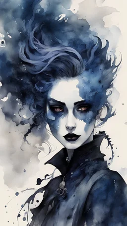 an deeply abstract ink wash and watercolor illustration of a Goth vampire girl with highly detailed hair and facial features , in the abstract expressionist style, indigo and jasper, ragged and torn Victorian costumes, hard , gritty, and edgy depictions, full body, fullshot, vibrant forms, Shironuri, ethereal, otherworldly
