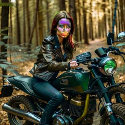 Very attractive woman sitting on a motorcycle. The bike is Yamaha. In the background is a forest.