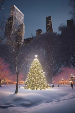 Central park, Realistic night christmas, snow, 4k, big tree christimas, intricate, bump