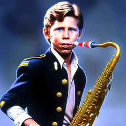 Ron howard as richie from happy days playing the saxophone, his eyes are closed, rock band, saxophone lips