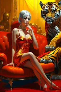 A digital painting by Sorayama of a beautiful gynoid with a yellow dress sitting in a red couch next to a tiger's head.