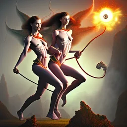 Two women skipping with a rope, demons and angry gods fight in the background, in the style of a Michael Moorcock book cover.