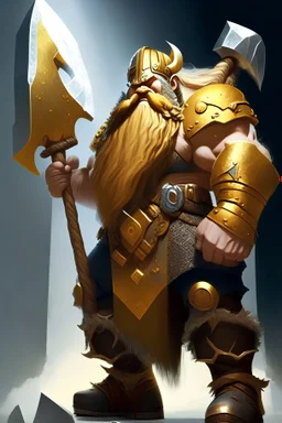 dwarve with a long beard touching his toes holding giant axe for his size tough and waring gold armor male