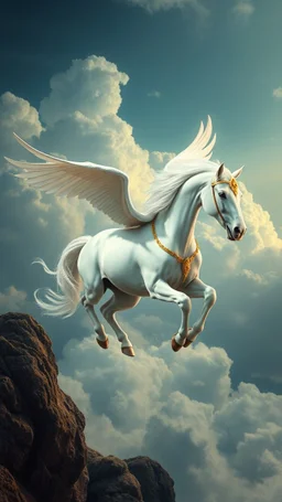 A very beautiful all shiny white horse with wings and golden crystals seat on his back flying in the cloudy sky above the plant earth , Bosch nightmares style painting, 4k, very hood quality picture