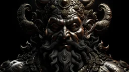 Generate a hyper-realistic, Chiaroscuro-style image of an evil deity, inspired by classical art but with a modern twist. The deity should have a commanding presence, with intense eyes and subtle hints of malevolence in its expression. The lighting should create dramatic contrasts between light and shadow, emphasizing the deity's sinister nature. Include intricate details like ornate clothing and symbolic elements to enhance the overall aesthetic of darkness and power