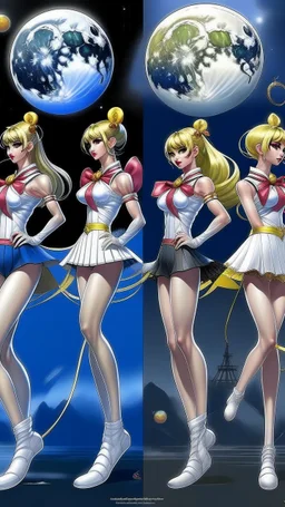 Create a stunning, full body, photorealistic illustration of Sailor Moon's transformation sequence, highlighting her evolution into a beautiful and powerful woman. Ensure that the details, colors, and lighting capture the essence of her character and the magic of the transformation, make no distortion, no deform of any body, no ugly face and eyes, lips, make sure its full body frame,