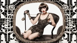 Full Body, burlesque Woman With A Bob With A Fringe Hairstyle, 1920s flapper style Clothing, Steampunk, Black Background