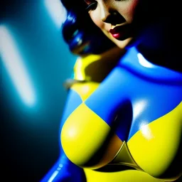 Ultra detailed fullbody Portrait in oil on canvas of beautiful busty fallout 4 woman ,wearing minimal skintight latex blue and yellow suit, extremely detailed digital painting, extremely detailed face,crystal clear Big Glowing eyes, mystical colors ,perfectly centered image, perfect composition, rim light, beautiful lighting, 8k, stunning scene, raytracing, anatomically correct, in the style of robert e howard and Ken Kelley and Ohrai Noriyoshi and Simon Bisley and tomzj1