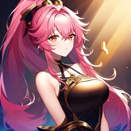 girl, masterpiece, best quality, volumetric lighting, detailed outfit, perfect eyes, pink hair, long hair, vibrant red eye, ponytail, messy hair, gold eye,