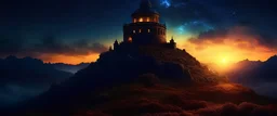 fortress on magic tower , the night sky turned from the galaxy, space, ethereal space, cosmos, panorama. Background: An otherworldly planet, bathed in the cold glow of distant stars. gloomy landscape with l dramatic hd highlights detailled . LANDSCAPE NIGHT AUTUMN, dark scene , there are no other creatures, only stars are visible in the sky , The landscape is dark, with mountain peaks. real panorama Sharp image
