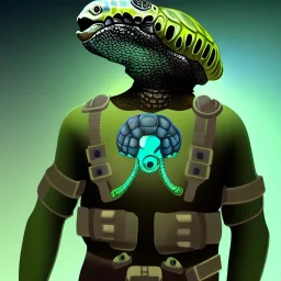 Alien, snake, metaljellyfishsombrero, vest, hands, holding gun, holster, steel military boots, squishy, chest plate, oxygen mask, bulbus nos snout, reptile pupil, blasterrifle, jacked, sea turtle