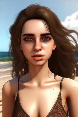 Frau, 26-jährig, realistische Haut, realistische Haare und haut, lasziver Blick, grosse augen, bikini am strand.
