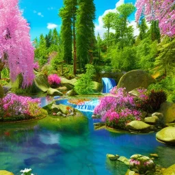 enchanted forest, blue lake,delicate flowers, pink tree, Swrosvsky crystals, cascades, full of details, smooth, bright sunshine，soft light atmosphere, light effect，vaporwave colorful, fantasy art, smooth, extremely sharp detail, finely tuned detail, ultra high definition, 8 k, unreal engine 5, ultra sharp focus