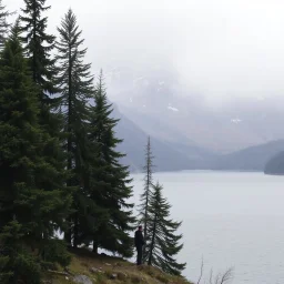 A photo of a group of fir trees and high mountains in the distance. A lake. Odd dark person. Fog is present.