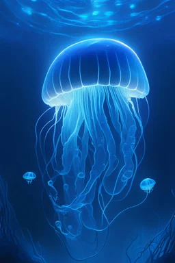 Cartoon Electric blue jelly fish swimming in the deep blue ocean making it glow up, 4k, HDR, concept art, highly detailed, soft lighting, artstation, award winning, art by Rene Magritte and George Luks and Adam Miller and Tom Bagshaw