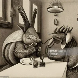 Realist portrait of one armadillo and one octopus having coffee together in a diner 1880s