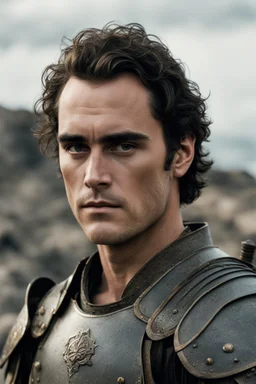 A portrait of Joaquin Phoenix in his early 30s, beachy haircut, black hair, on a rocky island, in burnished medieval samurai armor, melancholic and dangerous facial expression, half-smiling